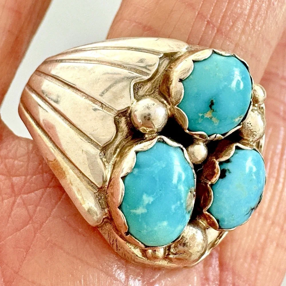 Navajo Three Stone Turquoise Ring Sz 13.5 Signed Spencer Fans 22mm Band Mens